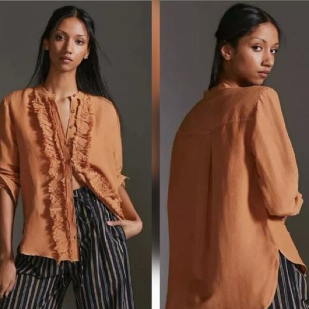 Anthropologie Pilcro Ruffled Placket Shirt in Ochre size Small
